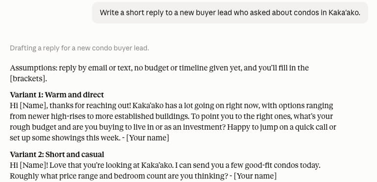 A plain Claude chat gives three generic replies with blanks like [Name] and [Your name]