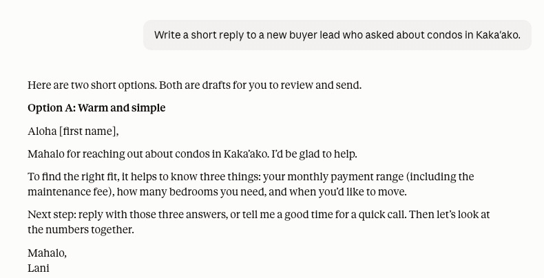 Claude writing a client reply in a fictional agent's voice